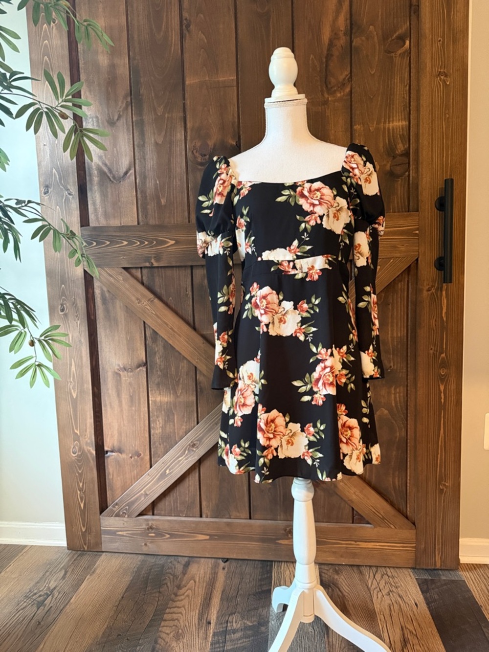 Black Floral Square-Neck Mini Dress (NWT)